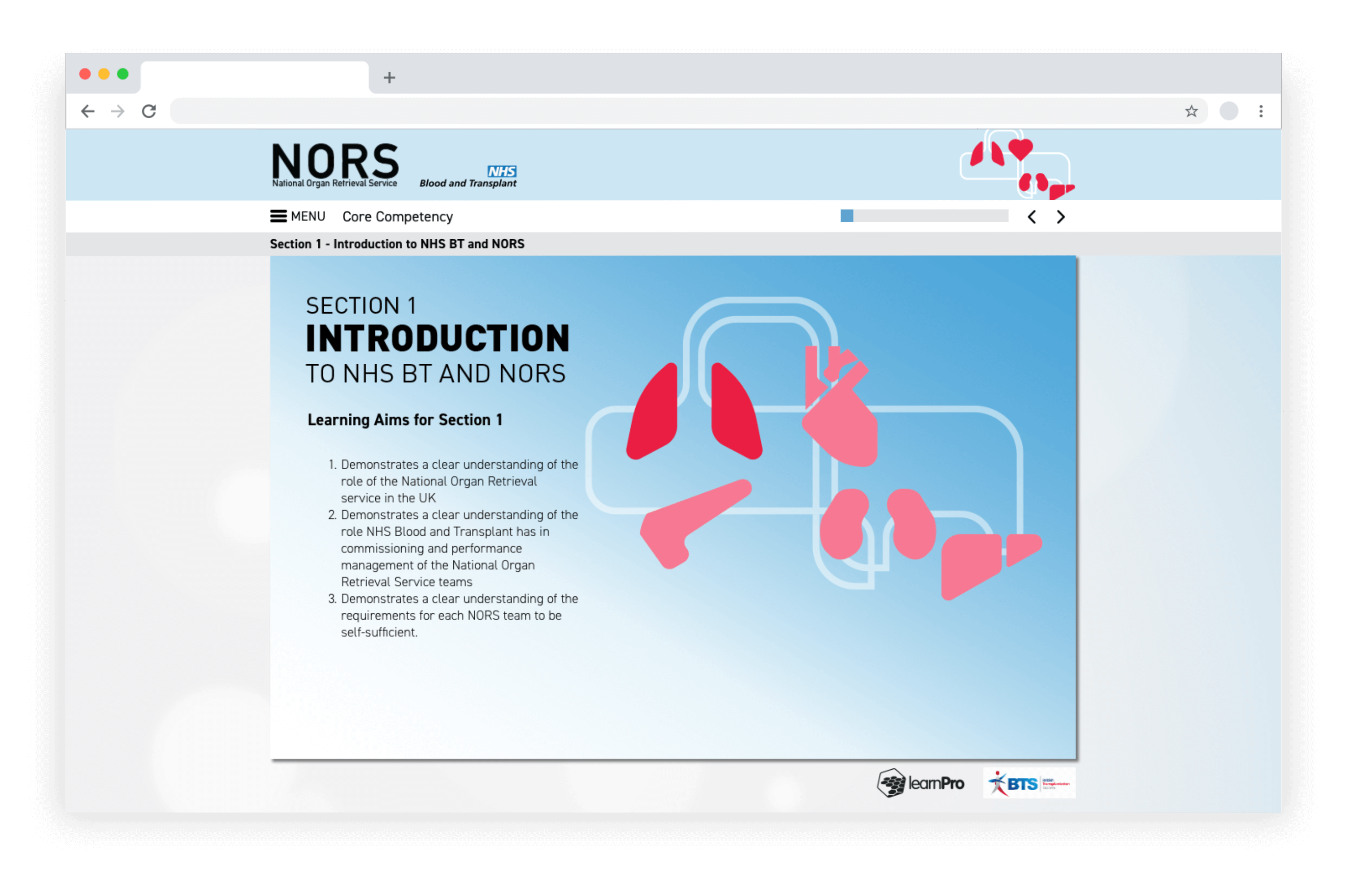 Example e-learning showing a National Organ Retrieval Service course developed in LAB Advanced