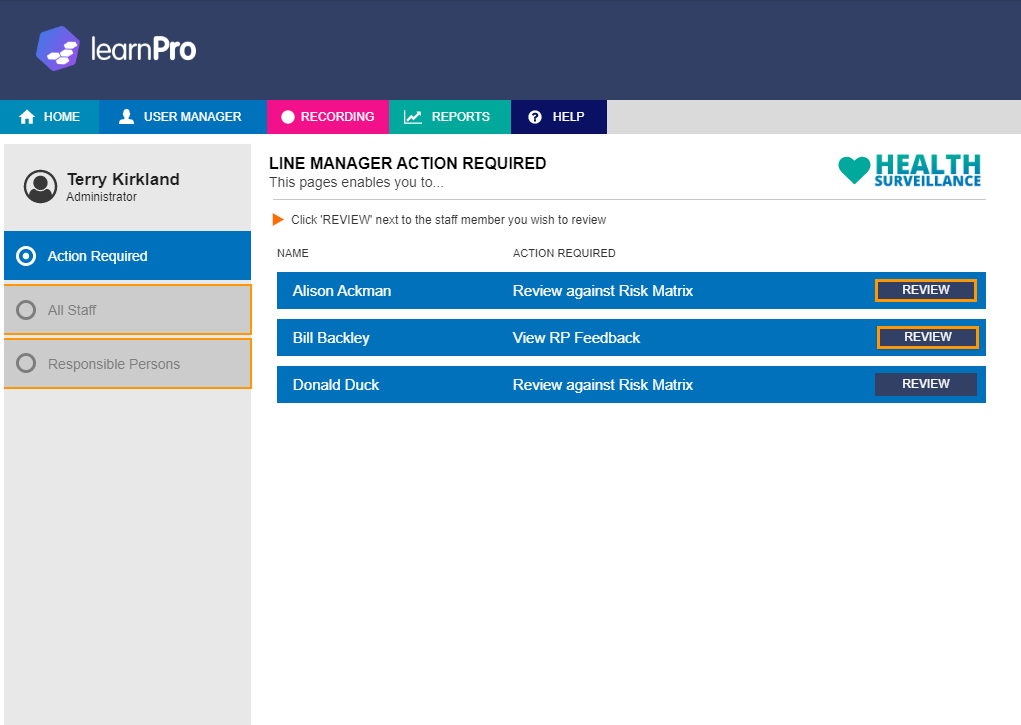 Line manager action within the Health Surveillance System