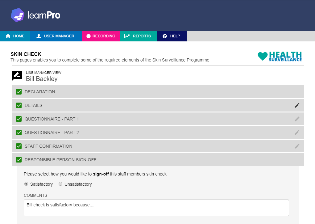 Skin check overview in the Health Surveillance System