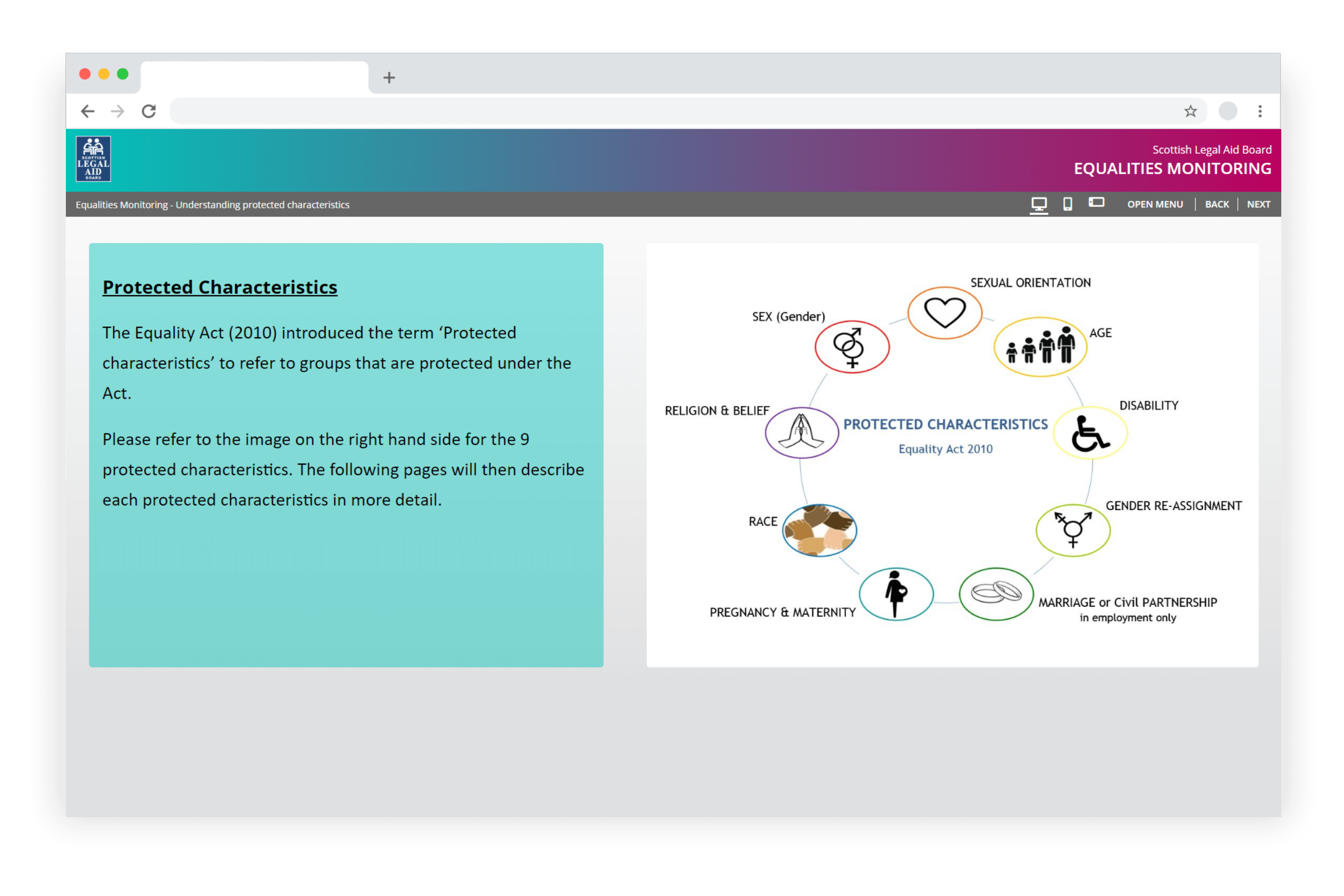 Example e-learning showing an equality and diversity module developed in LAB Advanced