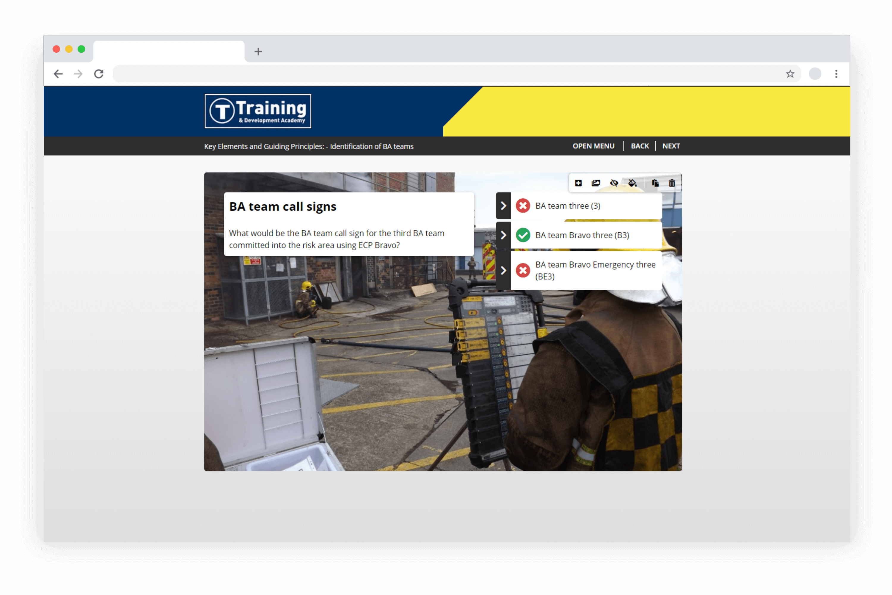 Example e-learning showing a breathing apparatus module developed in LAB Advanced