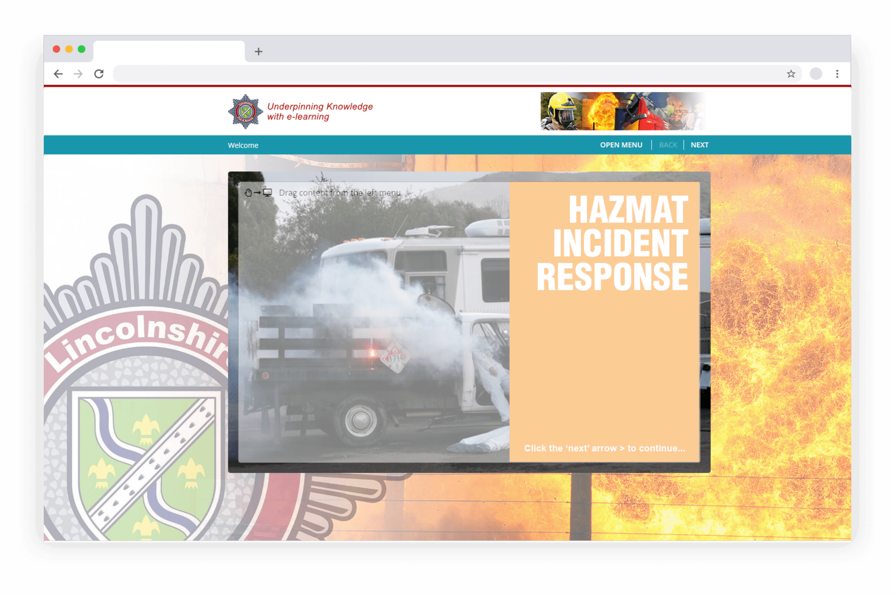Example e-learning showing a hazmat incident responsive module developed in LAB Advanced