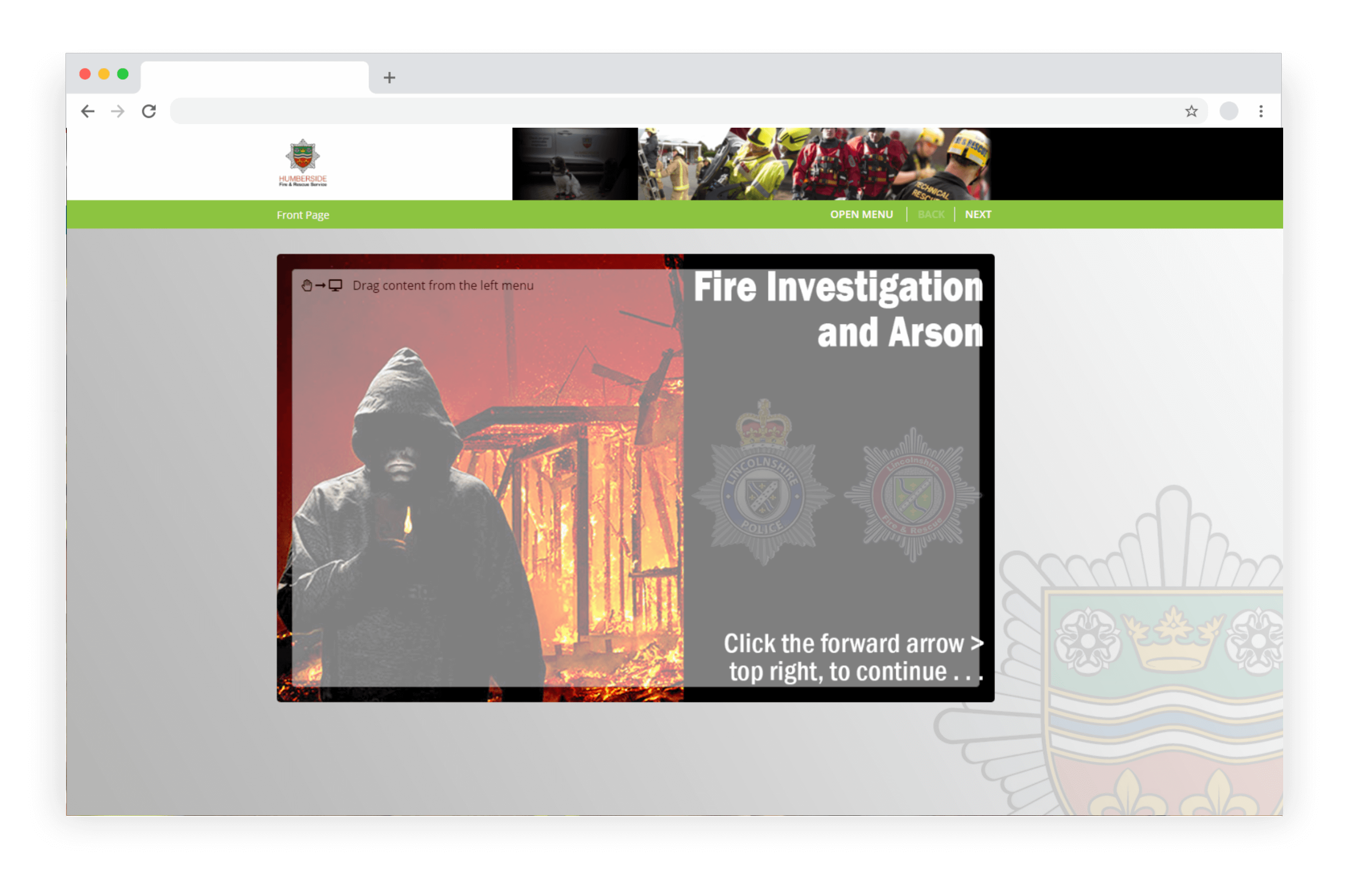 Example e-learning showing a fire investigation and arson course developed in LAB Advanced