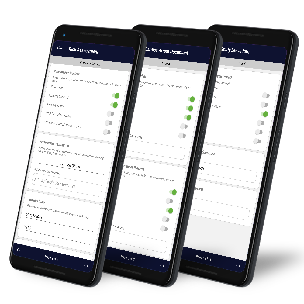 Different programmes deployed to the PlatForms app. Risk management documents and operational checklists displayed on mobile devices